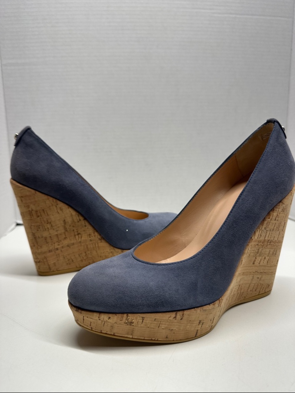 Stuart Weitzman Blue Suede Cork Wedge Pumps